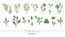 Vector Green Floral Clip Art Set. Flat Trendy Illustration With Flowers, Leaves, Branches, Berries. Meadow, Woodland, Forest, Garden Elements Isolated On White Background. Hand Drawn Plant Elements.