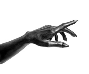 Black painted hands with long nails isolated on white background