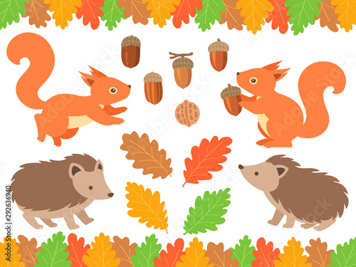 秋の森のイラストセット リス ハリネズミ どんぐり Stock Vector Adobe Stock
