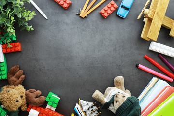 Wall Mural - Background. Children's toys on the table. Space between kid's toys.