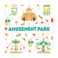 Canvas Print - Amusement Park Banner Template with Carousels and Festive Park Attractions Vector Illustration