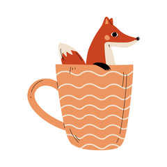 Poster - Cute Fox in Teacup, Adorable Little Cartoon Animal Character Sitting in Coffee Mug Vector Illustration