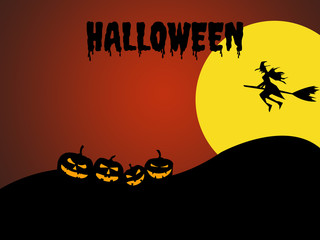 Halloween day.Background Happy Halloween  with a witch riding a broom in the air and many pumpkins on a hill on a big moon background