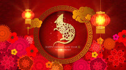 Poster - Chinese New Year - Year Of The Rat 2020 also known as the Spring Festival. Digital particles background with Chinese ornament and decorations for seasonal greeting video background