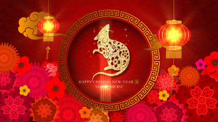 Poster - Chinese New Year - Year Of The Rat 2020 also known as the Spring Festival. Digital particles background with Chinese ornament and decorations for seasonal greeting video background