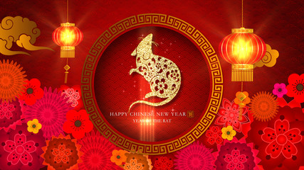 Poster - Chinese New Year - Year Of The Rat 2020 also known as the Spring Festival. Digital particles background with Chinese ornament and decorations for seasonal greeting video background