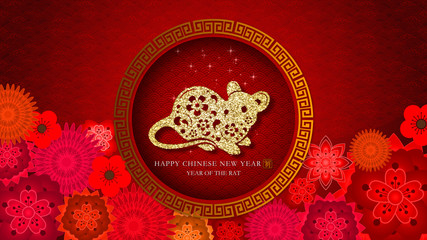Aufkleber - Chinese New Year - Year Of The Rat 2020 also known as the Spring Festival. Digital particles background with Chinese ornament and decorations for seasonal greeting video background