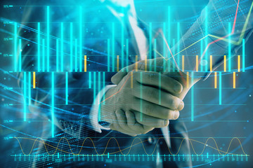 Multi exposure of forex graph on abstract background with two businessmen handshake. Concept of success on stock market