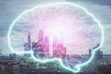 Double exposure of human brain drawing on Moscow cityscape background. Concept of data analysis