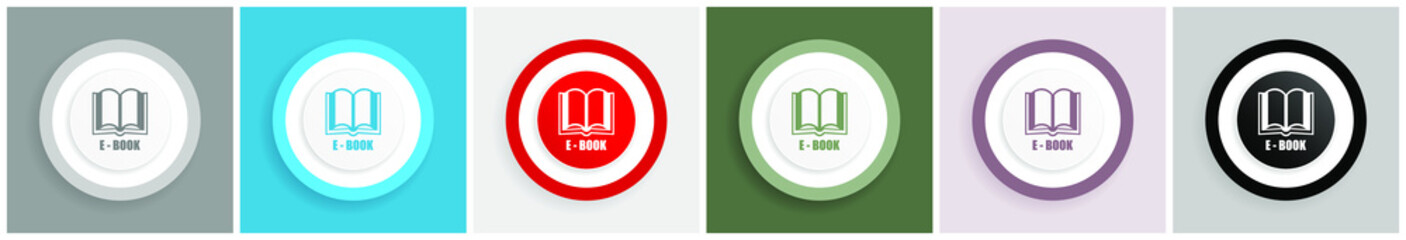 Aufkleber - E-Book icon set, colorful flat design vector illustrations in 6 options for web design and mobile applications