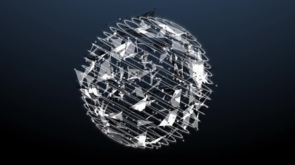 Fototapete - Digital Geometric Shape Sphere Spinning 4K Animation Background. 3D Abstract Hi Technology Plexus Global Rotate In Space Idea Concept Motion.