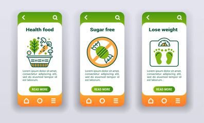 Diet and health lifestyle on mobile app onboarding screens. Line icons, health food, sugar free, lose weight.