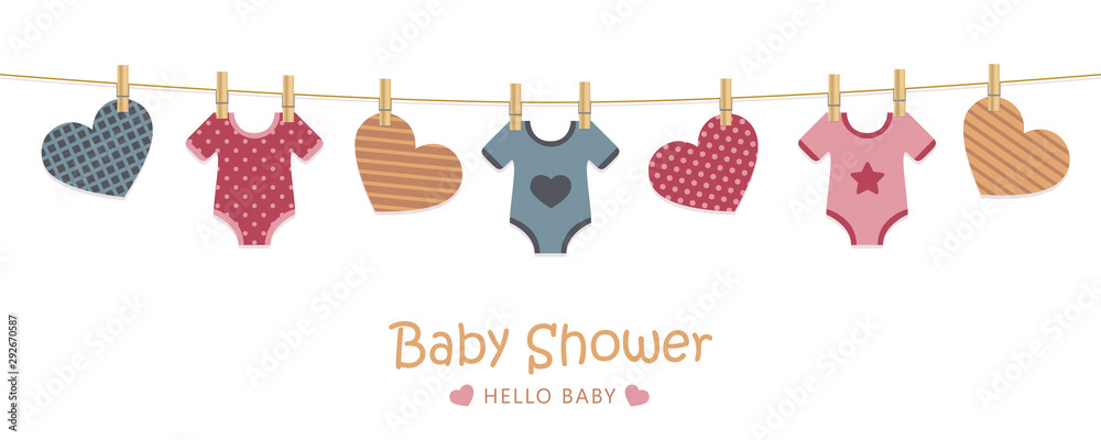 baby shower welcome greeting card for childbirth with hanging hearts and bodysuits vector illustration EPS10 - obrazy, fototapety, plakaty 