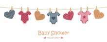 Baby Shower Welcome Greeting Card For Childbirth With Hanging Hearts And Bodysuits Vector Illustration EPS10