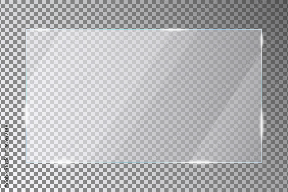 Glass plate on transparent background. Acrylic or plexiglass plates with gleams and light reflections in rectangle shape. Vector illustration. - obrazy, fototapety, plakaty 