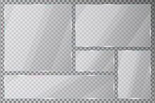 Glass Plates Set On Transparent Background. Acrylic Or Plexiglass Plates With Gleams And Light Reflections In Rectangle And Square Shapes. Vector Illustration.