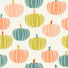 Cute Seamless Pattern With Hand Painted Pumpkins In Green, Orange And Peach On Cream Background.