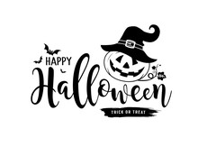 Happy Halloween Message Vector Pumpkin And Hat With Bat Design Isolated On White Background, Illustration