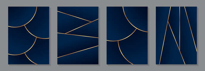 Set of modern geometric luxury navy blue abstract backgrounds with golden lines for card template or business or presentation or greeting.