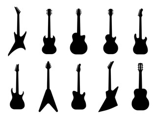 guitar silhouettes. acoustic and heavy rock electric guitars outline musical instruments, music symb