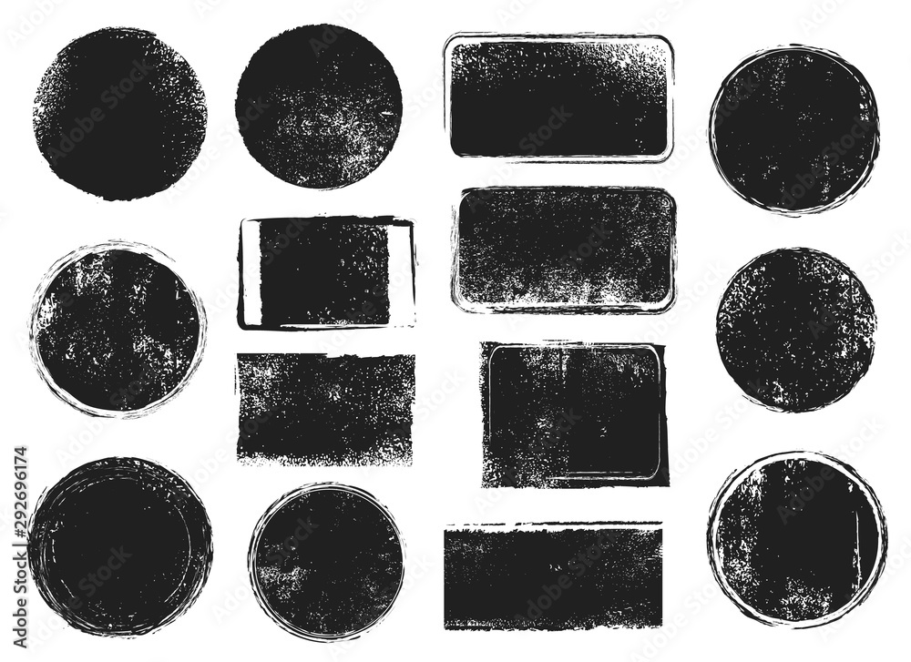Grunge post stamps. Round and rectangular badges with distressed texture. Scratched blank rubber seal stamp vector isolated set - obrazy, fototapety, plakaty 