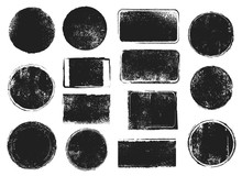 Grunge Post Stamps. Round And Rectangular Badges With Distressed Texture. Scratched Blank Rubber Seal Stamp Vector Isolated Set