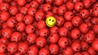 One yellow happy smile between many red spherical sad others as concept for unique, optimistic, positive, difference 3D rendering