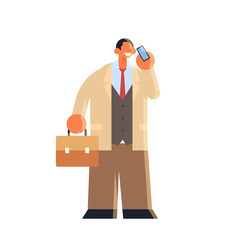 Canvas Print - businessman talking on mobile phone business man standing with suitcase using smartphone communication concept male office worker in formal wear flat full length