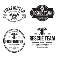 Set Of Firefighter Volunteer, Rescue Team Emblems, Labels, Badges And Logos In Monochrome Style.