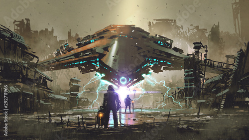 Fotografía the encounter between two futuristic humans with the spaceship in the background