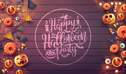 Wall Mural - Happy Halloween Party with candle light,pumpkin and Halloween Elements on wood background.Romantic Halloween date night Concept.Website spooky,Background or banner template.Vector illustration eps10