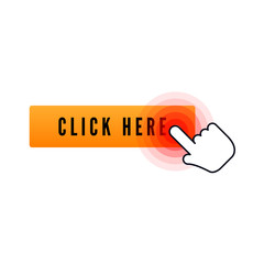 Poster - Hand cursor with animation of action over button with text click here on white background. Web icons element. Vector illustration