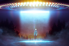 Close Encounter With An Alien Under A Flying Saucer With Ray Lights On A Road In The Wood - 3D Rendering