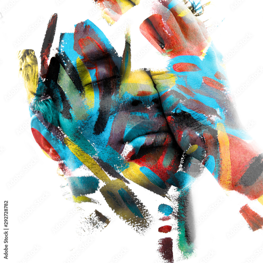 Paintography. Double exposure of an attractive male model with closed ...