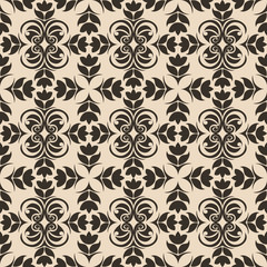  Seamless Pattern of abstract elements or butterflies and leaves with flowers of dark color on a beige background. Decoration for fabrics or tiles.