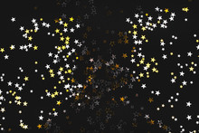 Golden And Silver Stars On Black Background. Flat Lay, Top View.