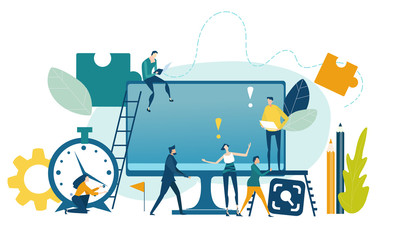 Wall Mural - Team of professional people working together in front of the big computer screen. Developing, taking a risk, support and solving the problem business concept illustration.