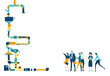© IRStone - People building contraction with the pipes. Background with space for text. Developing, taking a risk, support and solving the problem business concept illustration.