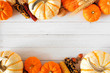 Autumn double border of pumpkins and fall decor on a rustic white wood background with copy space
