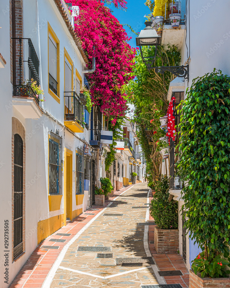 A picturesque and narrow street in Marbella old town, province of Malaga, Andalusia, Spain. - obrazy, fototapety, plakaty 