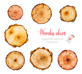 Wooden decoration. Rustic. Rustic christmas. Wood slice. Tree rings. Handmade christmas decoration. Botanical watercolor illustration.