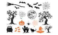 Halloween Symbols Hand Drawn Illustrations. 