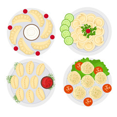 Poster - Cartoon Color Different Dumplings on a White Plates Set. Vector