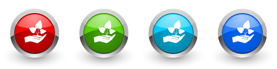 Aufkleber - Plant care hand silver metallic glossy icons, red, set of modern design buttons for web, internet and mobile applications in four colors options isolated on white background