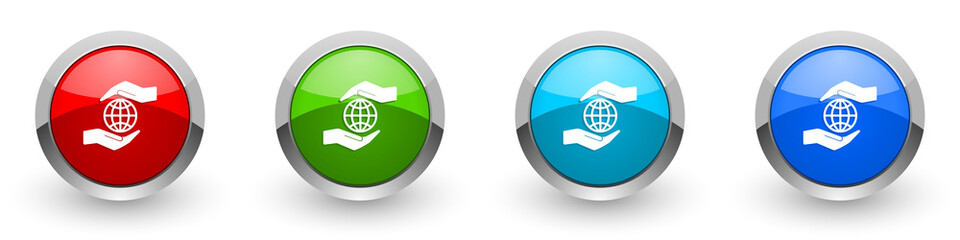 Poster - Hand care planet environment silver metallic glossy icons, red, set of modern design buttons for web, internet and mobile applications in four colors options isolated on white background