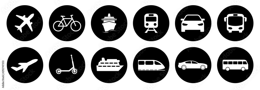Set of standard transportation symbols in black circles - obrazy, fototapety, plakaty 