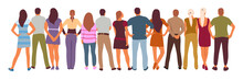Vector Illustration Group Of Back View People Group, Man, Woman, Boy And Girl Standing Pose Characters, Worker And Casual Isolated Person On White Background. Vector Creation With Flat Design.