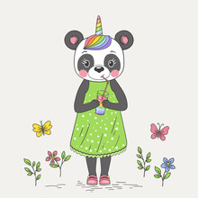 Cute Unicorn Panda Girl Drinking Rainbow Juice. Cartoon Vector Illustration