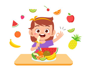 cute happy kid eat salad vegetable fruits