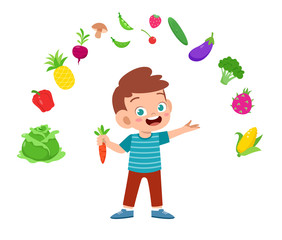 Wall Mural - cute happy kid eat salad vegetable fruits